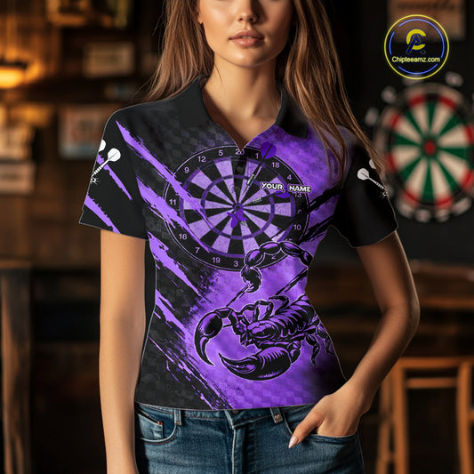 Black And Purple Grunge Scorpion Custom Funny Darts Polo Shirts Women Dart Team Jerseys NYN2274