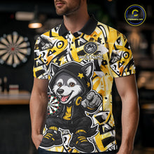 Load image into Gallery viewer, Funny Wolf Dart Shirts For Men Custom Black, White &amp; Yellow Graffiti Dart Team Name Jerseys NYN3626