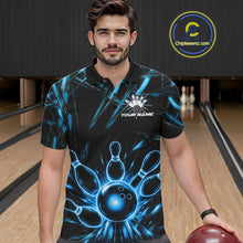 Load image into Gallery viewer, Male bowler wearing Black and Blue Neon bowling ball and pins jersey, custom bowling league apparel
