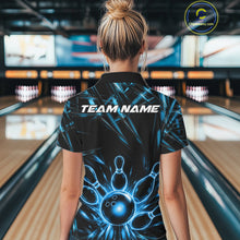 Load image into Gallery viewer, Female bowler wearing Black and Blue Neon bowling ball and pins jersey, custom bowling league apparel