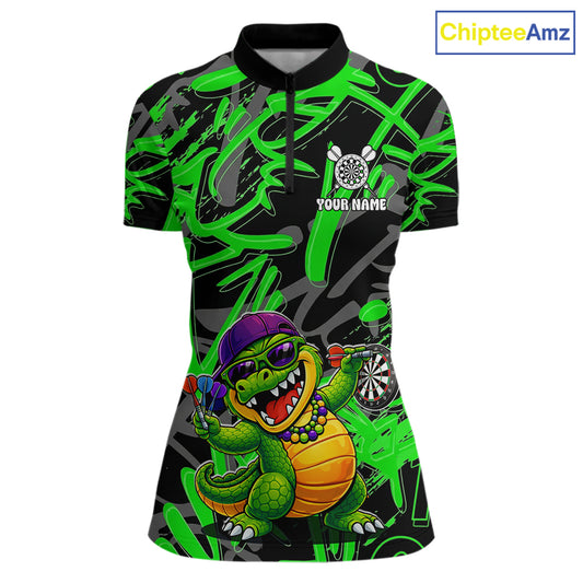 Green Grafffiti Play Darts Polo & Quarter Zip Shirt Personalized Funny Crocodile Women Darts Jersey NYN2948