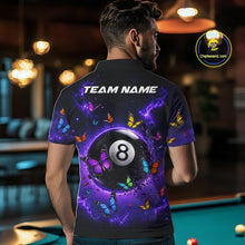 Load image into Gallery viewer, Male Pool Player Wearing Purple Butterfly 8 Ball Billiard Shirt, Colorful Pool Team Apparel