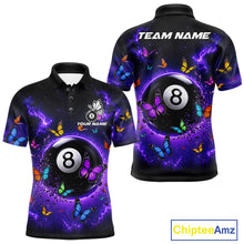 Load image into Gallery viewer, Purple Light 8 Ball Billiard Polo Shirt For Men, Butterfly Pool Team Jersey, Colorful Billiards Apparel, Personalized Pool League Shirt
