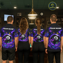 Load image into Gallery viewer, Men women billiard team wearing Purple Light 8 Ball Butterfly pool uniforms