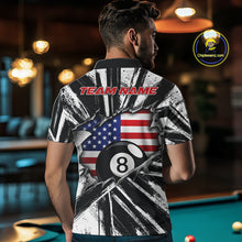 Load image into Gallery viewer, Male Pool Player Wearing Torn US Flag 8 Ball Billiard Shirt, Patriotic Pool League Apparel