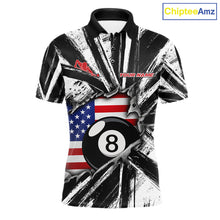 Load image into Gallery viewer, Black And White Grunge Billiard Polo Shirt For Men, Torn US Flag 8 Ball Pool Jersey, Patriotic Billiards Apparel