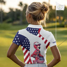Load image into Gallery viewer, Flamingo Custom Name White American Flag Patriotic Golf Womens Polo Shirt, Flamingo Golf Clothing For Womens NYN2960