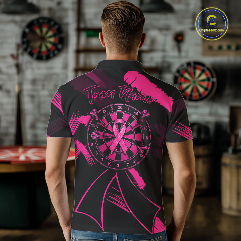 Custom Black & Pink Grunge Ribbon Dart Shirts For Men Breast Cancer Awareness Darts Team Jersey NYN3345