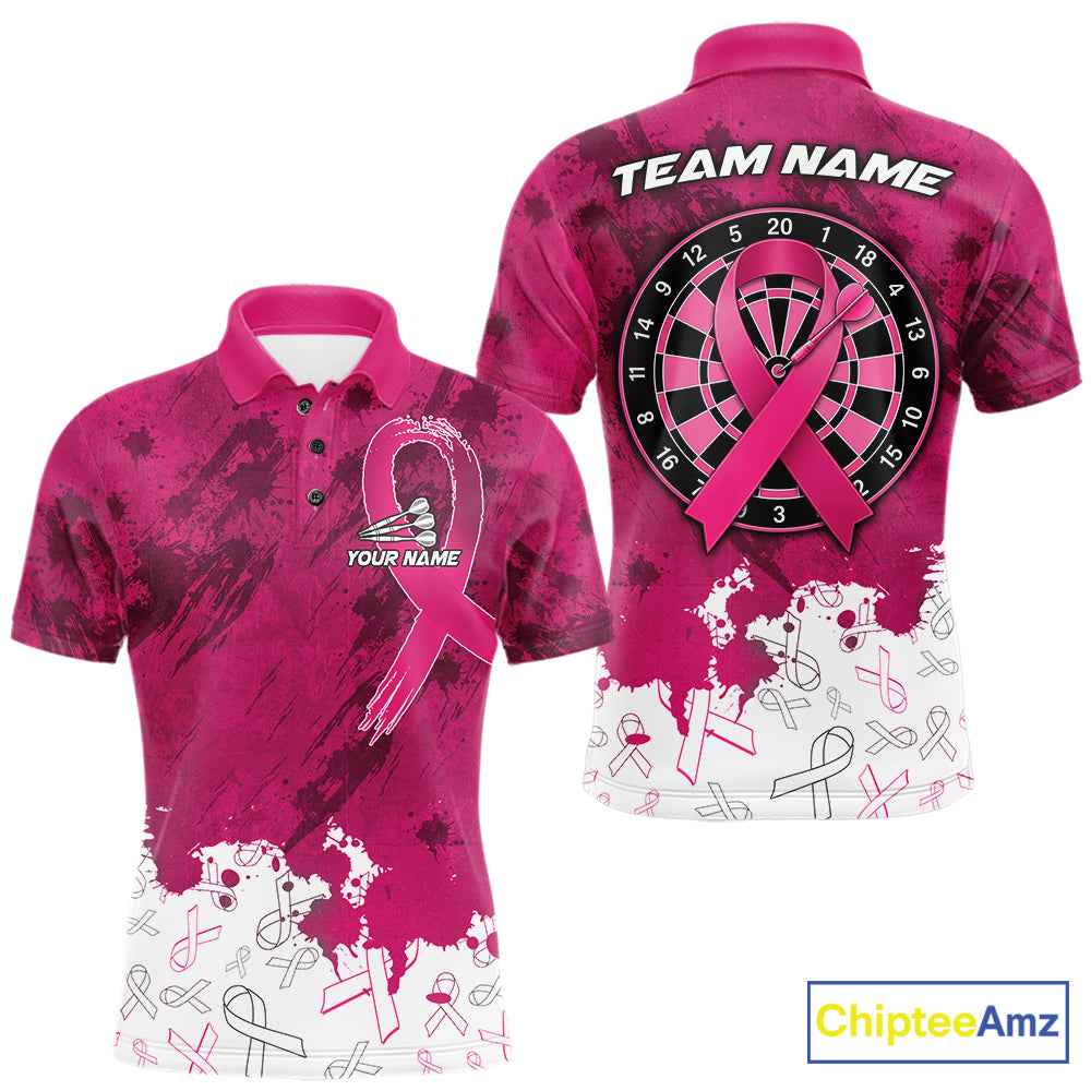 White and pink grunge ribbon dart shirt for men breast cancer dart team jersey