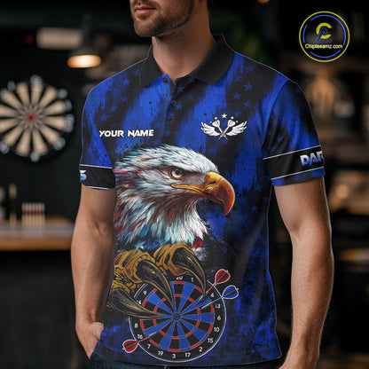 American Flag Eagle Men Darts Polo & 1/4-Zip Shirt Custom Patriotic Outfit Dart Team Jersey | Blue NYN3349