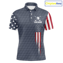 Load image into Gallery viewer, Men's golf polo shirt featuring grey golf ball pattern and patriotic American flag design, personalized performance golf apparel for men's golf teams, tournaments, country clubs, Father's Day gifts, symbolizing freedom, unity and American pride.