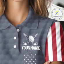 Load image into Gallery viewer, Female golfer wearing custom patriotic golf polo with grey golf ball pattern, perfect for ladies golf league, Memorial Day tournaments, Independence Day golf outings, symbolizing freedom, confidence and teamwork.