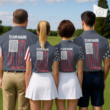 Load image into Gallery viewer, Mixed golf team wearing matching American flag golf polos with grey golf ball pattern, custom golf uniforms for tournaments, corporate golf outings, charity events, representing unity, patriotism and team excellence.