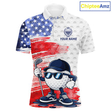 Load image into Gallery viewer, Men's golf polo featuring colorful splash painting golf ball graphics with American flag artwork, custom performance golf shirt for men's golf tournaments, league play and patriotic golfers, representing creativity, energy and USA spirit.
