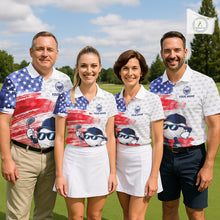 Load image into Gallery viewer, Golf team wearing matching splash painting American flag golf polos, personalized team uniforms for golf outings, summer competitions and corporate tournaments, representing creativity, unity and American spirit.