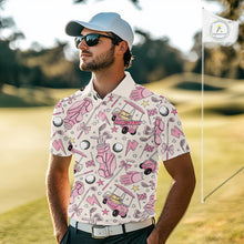 Load image into Gallery viewer, Male golfer wearing personalized pink golf club polo supporting charity golf tournaments, Father's Day golf gifts, team events and golf lifestyle.
