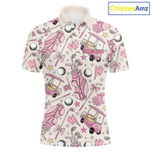 Load image into Gallery viewer, Men's personalized golf polo featuring pink golf ball and golf clubs design, lightweight performance golf apparel for golf teams, charity tournaments, Father's Day gifts and golf vacations, symbolizing confidence, teamwork and golf lifestyle.