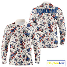 Load image into Gallery viewer, Men's patriotic golf polo featuring pink golf clubs and American flag artwork, personalized golf shirt for Fourth of July tournaments, Memorial Day golf events and USA golf clubs, representing liberty, brotherhood and national pride.