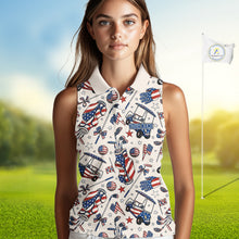 Load image into Gallery viewer, Female golfer wearing personalized patriotic golf polo for Fourth of July golf outing, ladies golf league and USA golf competitions.