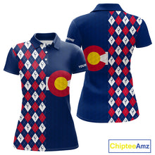 Load image into Gallery viewer, Women's Colorado golf polo with golf ball argyle graphics, performance golf shirt for golf clubs, mountain resorts and outdoor enthusiasts.