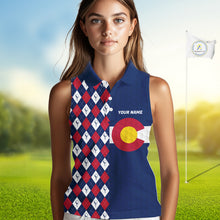 Load image into Gallery viewer, Female golfer wearing Colorado patriotic golf polo at country club, stylish golf apparel for tournaments and mountain golf trips.