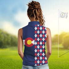 Load image into Gallery viewer, Female golfer wearing Colorado patriotic golf polo at country club, stylish golf apparel for tournaments and mountain golf trips.