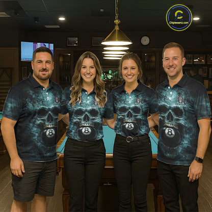 Custom Teal Smoke Grunge Skull Pool 8 Ball Women Billiard Shirt Personalized Ball Billiard Attire NYN2592