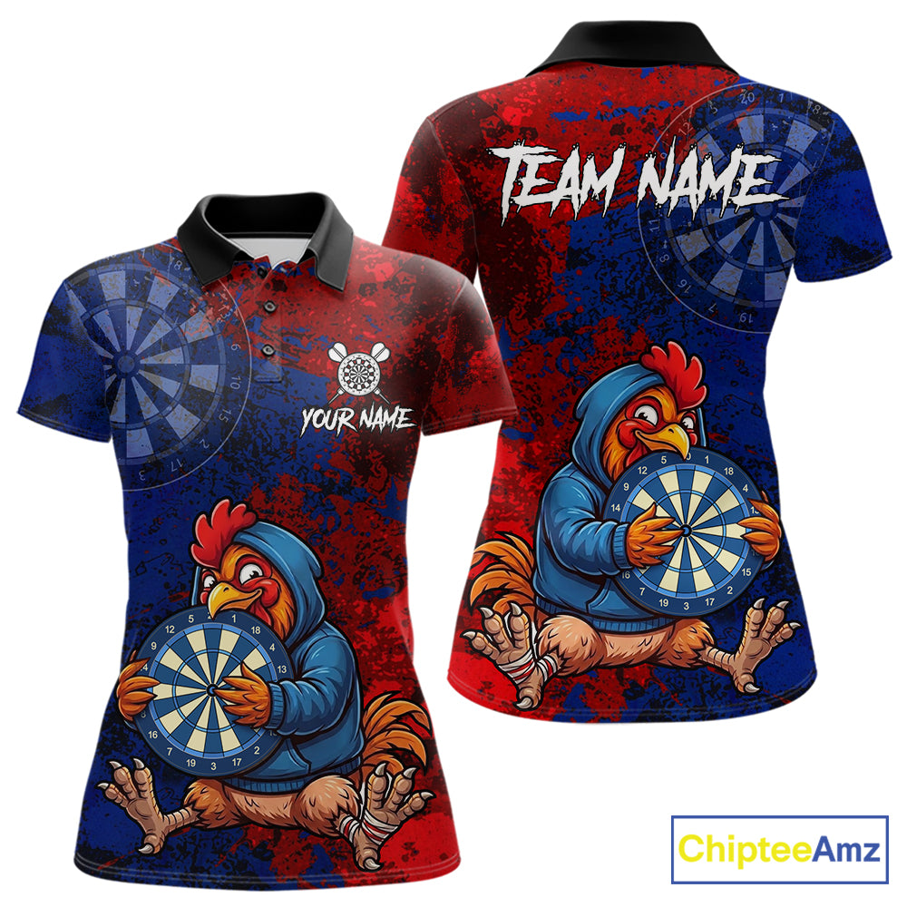 Blue And Red Grunge Funny Rooster Darts Shirt For Women Custom Name & Team Dart Outfits Jerseys NYN3162