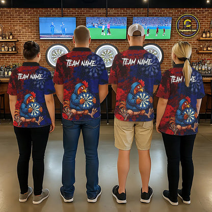 Blue And Red Grunge Funny Rooster Darts Shirt For Women Custom Name & Team Dart Outfits Jerseys NYN3162