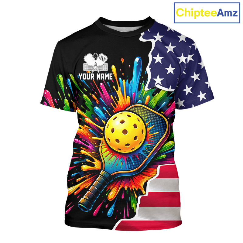 Custom American flag patriotic pickleball tshirt for men colorful splatter pickleball jersey black