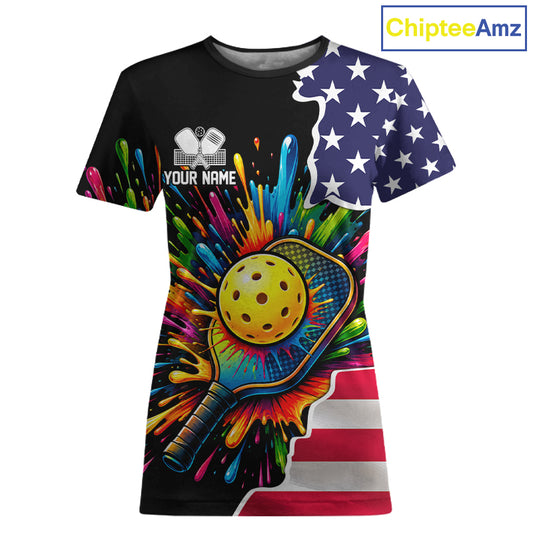 Custom American flag patriotic pickleball tshirt for women colorful splatter pickleball jersey black