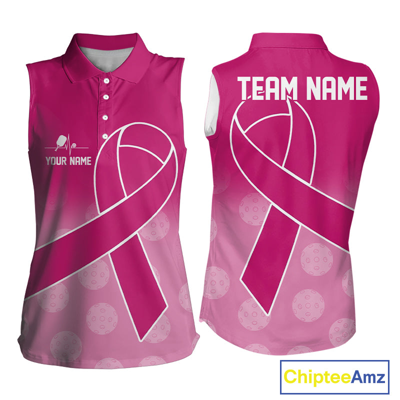 Pink ribbon pickleball sleeveless polo for women breast cancer pickleball jersey