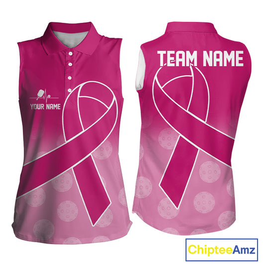 Pink ribbon pickleball sleeveless polo for women breast cancer pickleball jersey
