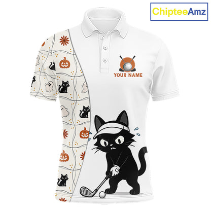 Funny Cat Golfer men's golf polo, Halloween golf shirt, personalized golf team uniform, moisture-wicking golf apparel
