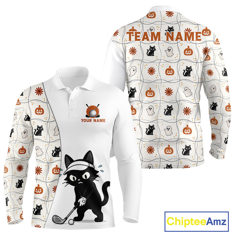 Funny Cat Golfer men's golf polo, Halloween golf shirt, personalized golf team uniform, moisture-wicking golf apparel