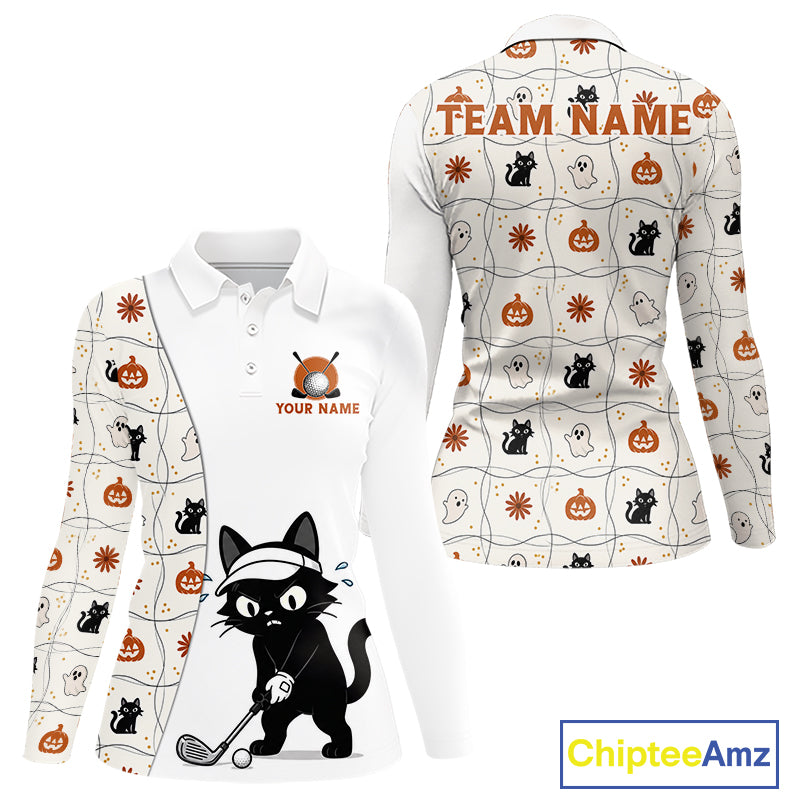 Funny Cat Golfer women's golf polo shirt, custom Halloween golf team apparel, breathable golf uniform, golf outing clothing