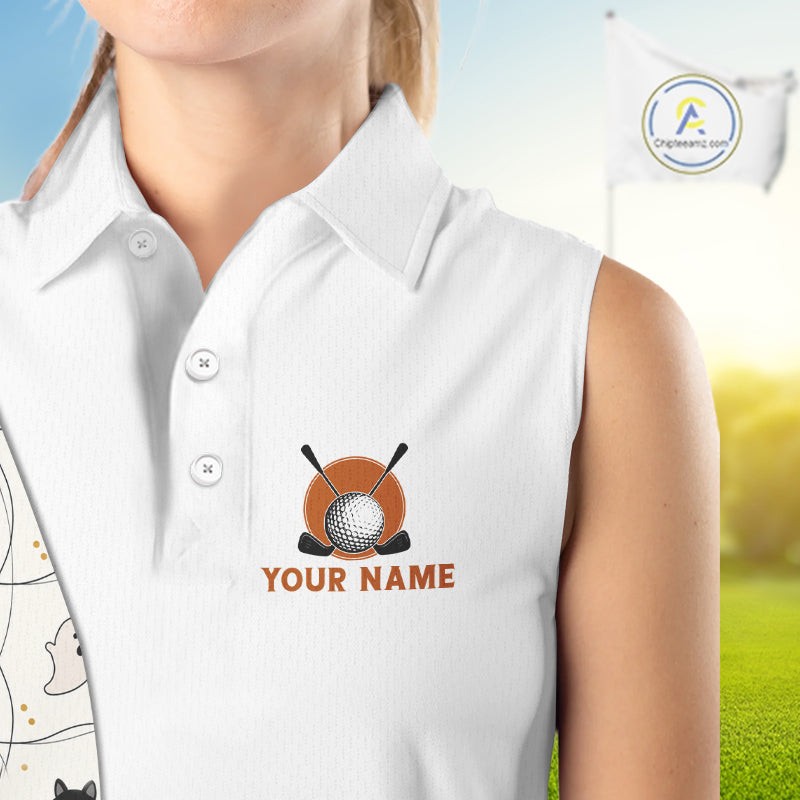 Female golfer wearing Funny Cat Halloween golf polo, personalized golf apparel, golf league fashion, spooky golf outfit