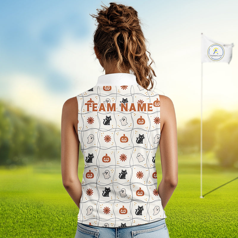 Female golfer wearing Funny Cat Halloween golf polo, personalized golf apparel, golf league fashion, spooky golf outfit