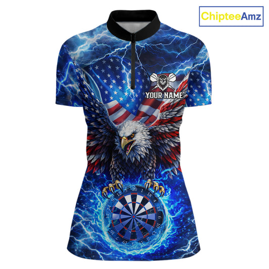 Patriotic Eagle Blue Flames Thunder Dartboard Women Darts Quarter-Zip Shirt Custom US Flag Darts Jersey NYN2607