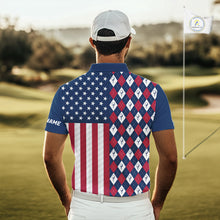 Load image into Gallery viewer, Mens Golf Polo Shirts American Flag Patriotic Custom Golf Ball Argyle Pattern Mens Golf Polos NYN3381