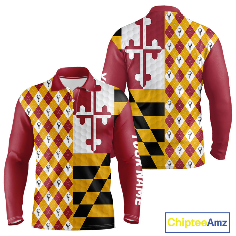Mens Golf Polo Shirts Maryland Flag Patriotic Custom Golf Ball Argyle Pattern Mens Golf Polos NYN3382