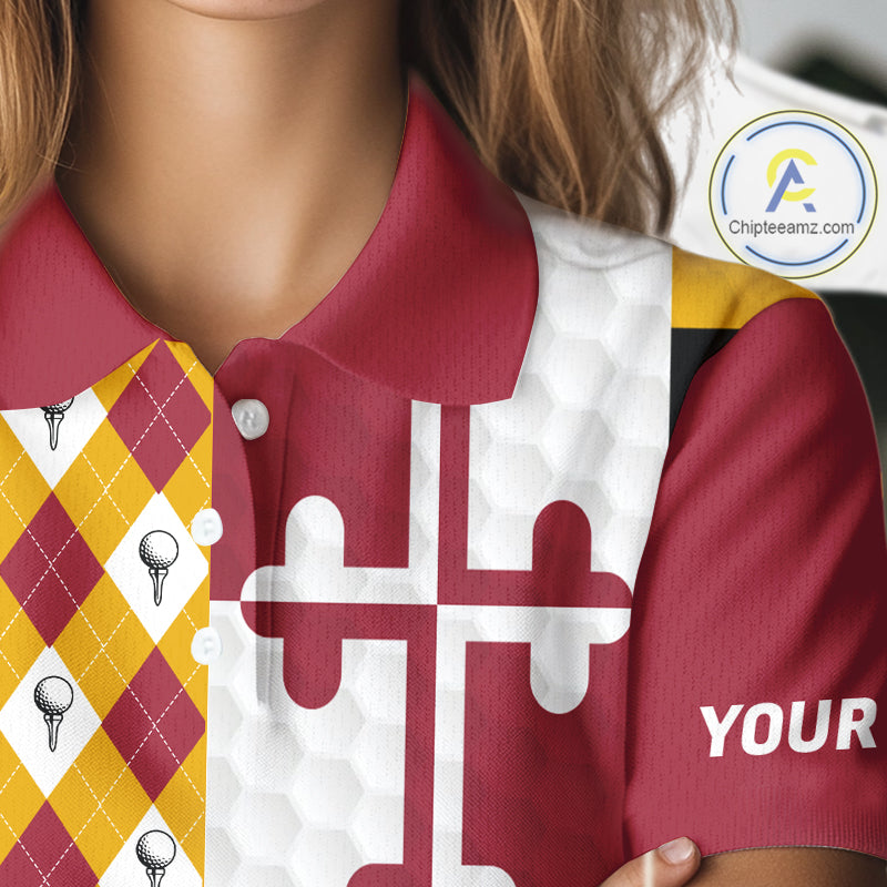 Womens Golf Polo Shirts Maryland Flag Patriotic Custom Golf Ball Argyle Pattern Womens Golf Polos NYN3382