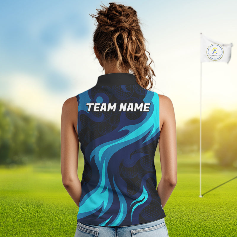 Womens Golf Ball Pattern Shirts Custom Black And Blue Golf Sleeveless Polos Golf Team Outfits NYN3383