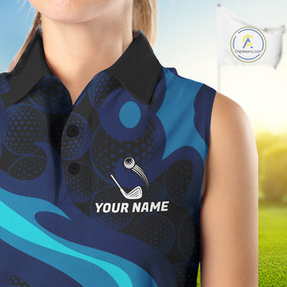 Womens Golf Ball Pattern Shirts Custom Black And Blue Golf Sleeveless Polos Golf Team Outfits NYN3383
