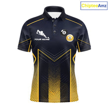 Load image into Gallery viewer, Men's billiard polo featuring yellow lightning, Yin Yang artwork with 8 ball and 9 ball graphics, personalized pool apparel for APA leagues, Zen lifestyle enthusiasts and tournament players, symbolizing balance, focus and precision.