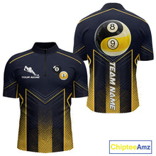 Load image into Gallery viewer, Men's quarter-zip billiard jersey with yellow strike effects, Yin Yang symbol, 8 ball and 9 ball graphics, custom performance apparel for BCA tournaments, league championships and competitive teams, representing harmony and winning mindset.