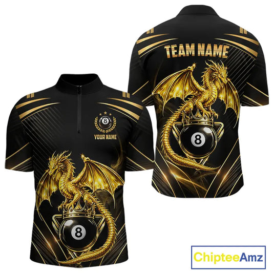 Black & Gold 8 Ball Crown Men's Billiard Team Shirt Custom Dragon Pool Billiard Jerseys NYN2348
