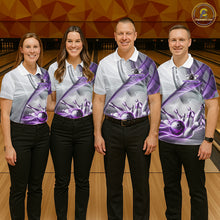 Load image into Gallery viewer, Men women bowling team wearing matching white and purple smoke bowling jerseys for league nights, USBC tournaments and championship events, custom team apparel representing unity, precision, friendship and winning spirit.