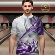 Load image into Gallery viewer, White &amp; Purple Smoke Bowling Ball &amp; Pins Shirt For Men Custom Polo 1/4-Zip Team Shirt Bowling Jersey NYN3668