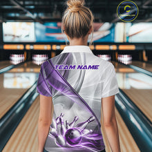 Load image into Gallery viewer, Female bowler wearing white and purple smoke bowling jersey during league competition, premium bowling apparel for USBC tournaments, bowling enthusiasts and women's sports teams, symbolizing confidence, teamwork and determination.